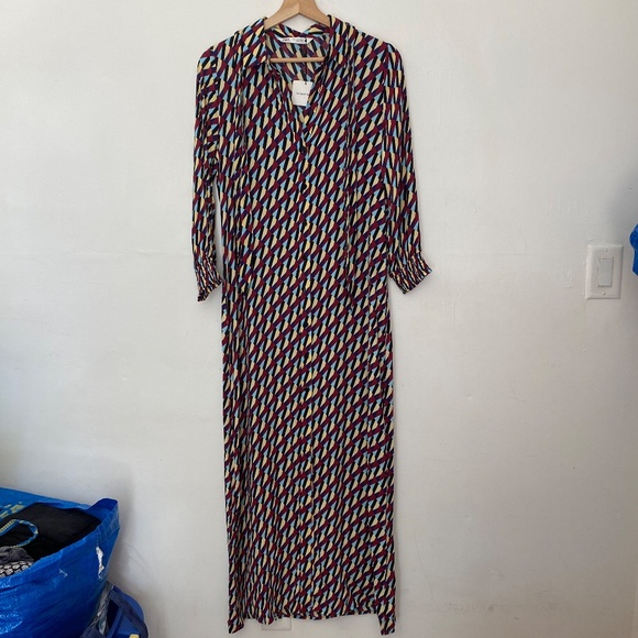 Zara The Sussy Geometric Button Front Maxi Dress with Tie Neck Size Small - Picture 2 of 7
